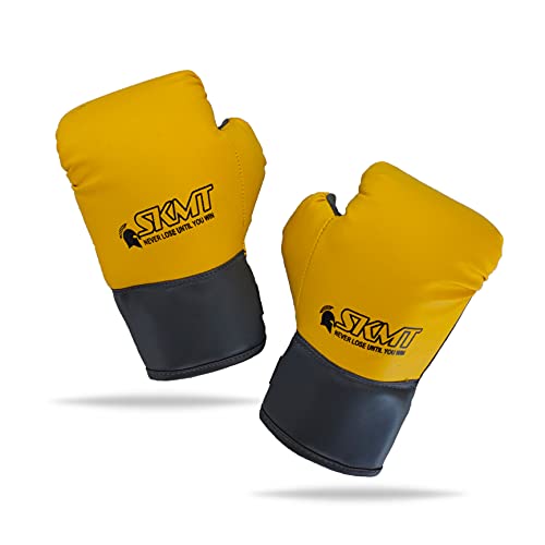 Image of SKMT Never Lose Until You Win PU Leather Boxing Gloves for Kids, Available in 2-9 & 7-14 Year Child Gloves (Yellow, 7-14 Year Child Gloves)