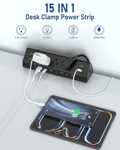 Image of Jgstkcity 90W Desk Clamp Power Strip,12 USB Ports (6 PD 45W USB-C),Surge Protector,ETL Listed Power Hub Extension Cord,Fast Charging Station for Home Office Desk Edge Mount (Black,12 USB-90W)