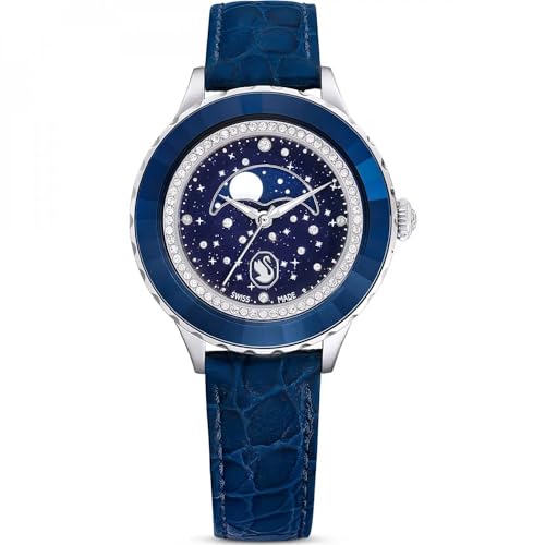 Image of Swarovski Women's Octea Moon Analog Watch - Swiss Made, Blue Leather Strap, Blue Dial and Finish, One Size