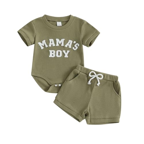 Image of MERSARIPHY Newborn Baby Boy Summer Clothes Mama's Boy Little Dude Short Sleeve Romper Shorts Set Infant Waffle Knit Outfit