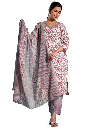 Image of MIRCHI FASHION Pure Cotton Women Straight Jaipuri Floral Print Kurti Set with Dupatta and Pant