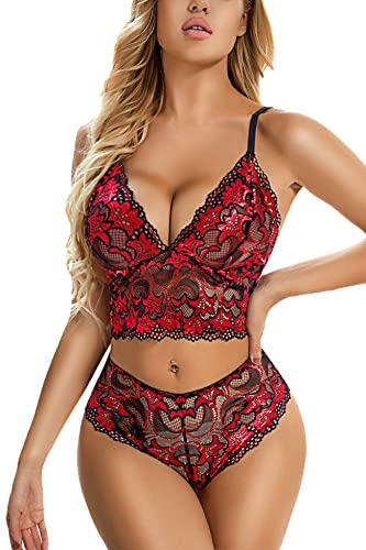 Aranmei Dessous Damen Sexy Unterwäsche Reizwäsche V-Ausschnitt Spitze BH und Slip und Verstellbare Träger Lingerie Nachtwäsche Dessous-Set, Weinrot, L Cover