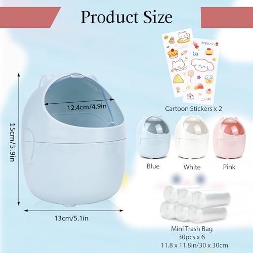 Image of 10Pcs Mini Desktop Trash Can with Lid Set, 2 Cute Small Garbage Cans with 6 Rolls Garbage Bags and 2Pcs Stickers, Countertop Dustbin Storage Bin for Desk Bedroom (White & Pink)