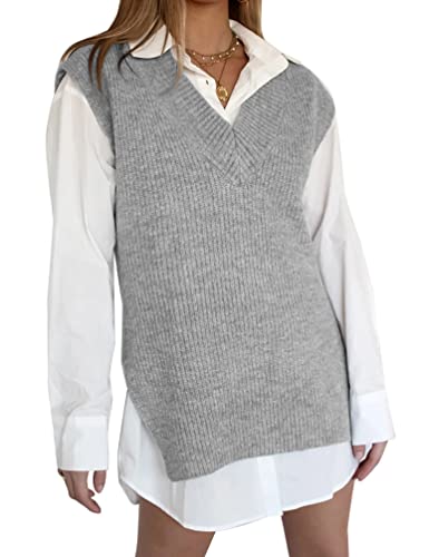 Migcaput Chaleco Punto Mujer Jersey Suéter Chaleco Mujer Invierno Chaleco sin Mangas Mujer Casual Otoño Invierno Gris Claro,S Cover