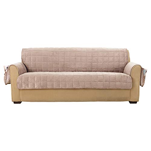Sure Fit Quilted Deep Pile Velvet With Pockets And Non-Slip Paw Print Back Sofa Furniture Cover, Cement #TOP18