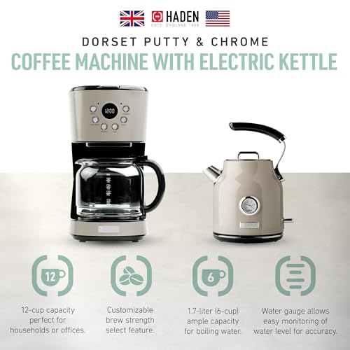 HADEN Coffee Machine, 12 Cup Drip Coffee Maker Bundled with Dorset 1.7 Liter Stainless Steel Electric Hot Water Kettle, Putty & Chrome