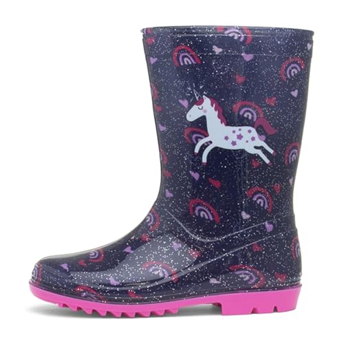 Shoe Zone - Girls Blue Glitter Unicorn & Rainbows Welly - Size 11 Child UK - Blue