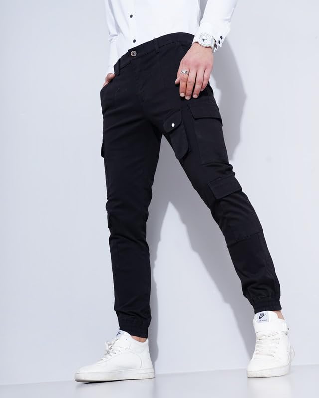 Image of British Club 98% Cotton, 2% Elastane Slim Fit Cargo Jogger Pants | Flat-Front Design | Adjustable Waistband | Multiple Pockets | Lightweight Fabric | Modern Style | Comfortable | Durable Black