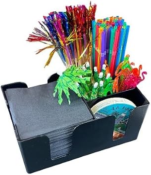 Rattleware 6-Compartment Bar Caddy Organizer Durable Black Plastic Napkin Holder and Straw Organizer for Bar Tools Coffee Bar Accessories Restaurant Home Bar Cart Storage