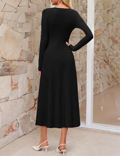 MEROKEETY Women's 2025 Fall Long Sleeve Midi Dress Elegant Boat Neck Ruched Swing Cocktail Party Dresses3