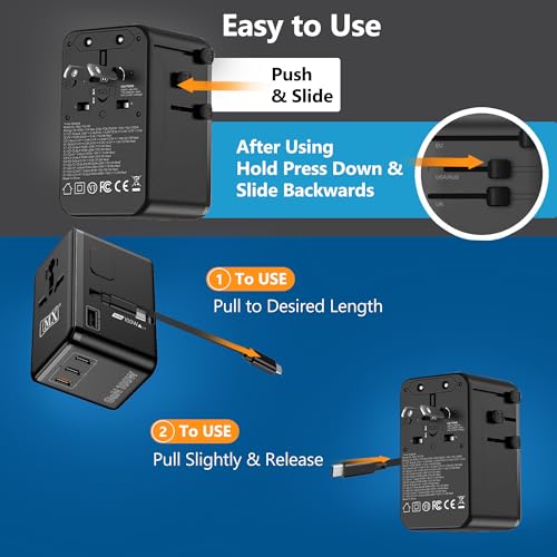 Image of MX GaN 100W Universal Travel Adapter with Retractable 54cm USB-C Cable, 3 USB-C Ports & 1 A Port, 1 Universal Socket, 6-in-1 Fast Charging International Adapter, Type A /C /G /I Output 200+ Countries