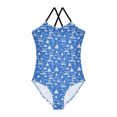 JUNZAN Tropical Sailboats Blue Girls 1 Piecing Swimsuit Kids Bathing Suits Swimming Suits