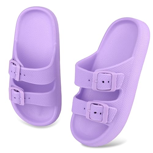 WYSFLY Kids Cloud Slides Niños Niñas Ajustable Doble Hebilla EVA Sandalias Planas Verano Almohada Chanclas Ducha Playa Piscina Sliders Morado 33EU