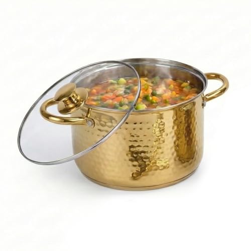 Image of Zaib TOPSYTURVY Stainless Steel Hammered Gold PVD Coated Saucepot with Glass Lid 20 CM | Multipurpose Cooking Pot for Gas & Induction | Even Heat Distribution