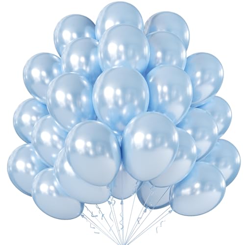 Image of KALOR 12 Inch Pearl Light Blue Balloons, 50 Pcs Shiny Latex Helium Balloons for Kid's Birthday Party, Baby Shower, Wedding, Graduate Party Decorations