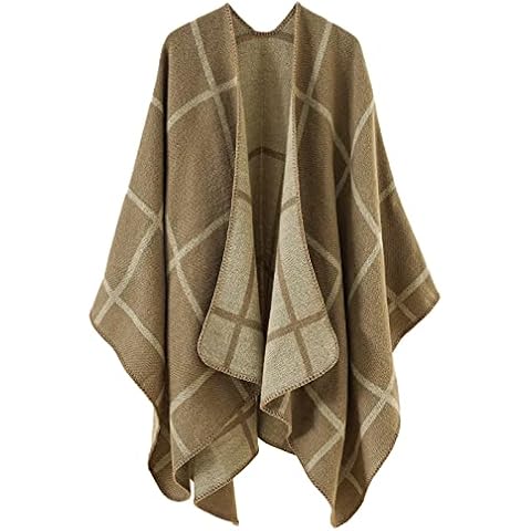 Fecialy Women's Shawl Wrap Winter Cardigan Plaid Open Front Poncho Cape Scarf Coat, Khaki, One Size Cover