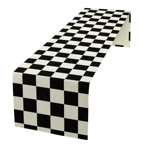 Black White Plaid Table Runner Racing Car Theme for Birthday Reunion Party Home Kitchen Dining Room Dinner Runner Decor 13x108in