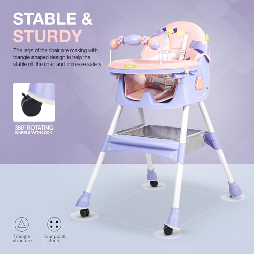 Image of Baybee 3 in 1 Fiora Baby High Chair for Kids Feeding with Two Height Adjustable, Recline & Wheels, Booster Seat with Food Tray, Belt & Basket, High Chair for Baby 6 Months to 4 Years Boy Girl (Pink)