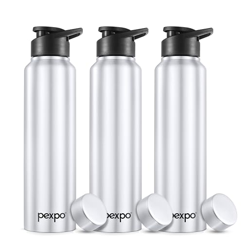 Go24 pexpo Water Bottle 1 ltr Stainless Steel Sports/Fridge Bottle with Dual Cap (Pack of 3)| Single Wall | For Home, Office, Gym, Travelling | Lightweight | BPA Free | Chromo 950ml |Silver