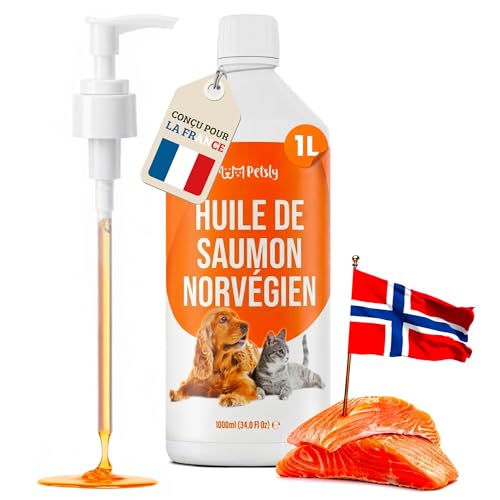Petsly® Huile de Saumon pour Chien Chat -1L- Riche en Omega 3 6 9 & Vitamine E, NORVÈGE, 100%...