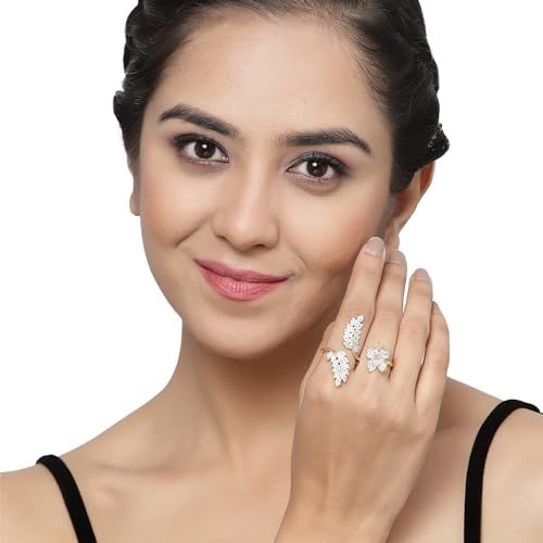 Gold-Plated Butterfly & Leaf AD Double Finger Ring