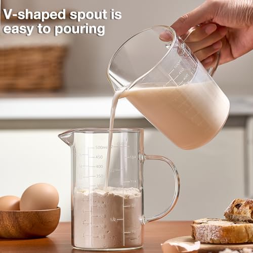 500ML 2 CUP Glass Liquid Measuring Cup With Handle, High Borosilicate Glass Three Scales (OZ, Cup, ML/CC) for Kitchen or Restaurant, V-Shaped Spout Glass Measuring Beaker, Easy To Read - Thumbnail 4