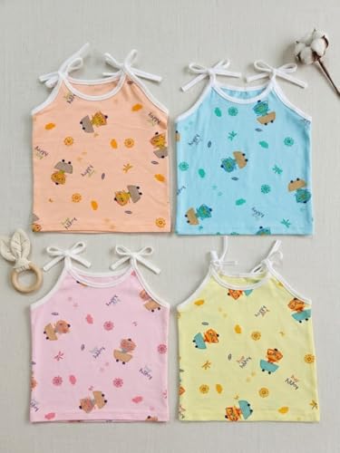Image of Little Angels Baby Organic Cotton Tie-Knot Sleeveless Jhabla Vest Set | Pack of 4 | Soft & Breathable Printed Tops for Newborn & Infant Girls (0-12 Months)