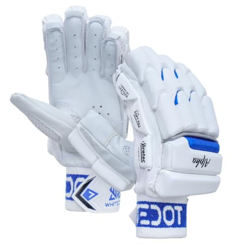 Image of WHITEDOT Sports Alpha Levlon Leather Cricket Batting Gloves for Boys, Left Hand (Small, White)