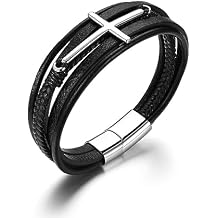 Zysta Cross Bracelet for Men Multi-Layer Cross Leather Bracelet Braided Leather Cross Bracelet with Stainless Steel Clasp Mens Inspirational Bracelets Cuff Wristband 8.7 Inch