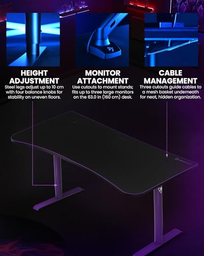 Image of Arozzi Arena Large Gamer Desk - 63x32 inch Adjustable Height PC Gaming Desk with Storage for Cables & Triple-Monitor Support - Full-Surface Washable Mousepad - Purple