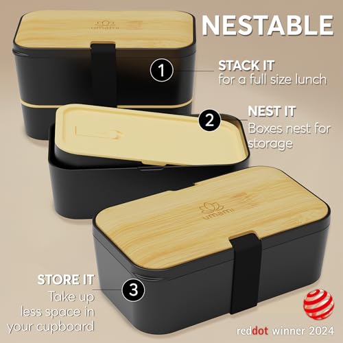 Image of Umami Bento Box Adult, Stackable Lunch Box, 50 oz, Black& Bamboo