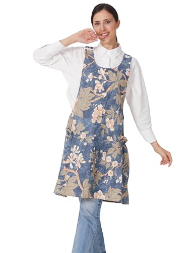 Image of Cozy Adjustable Cross Back Aprons for Women with Pockets Cotton Linen Cooking Kitchen Baking