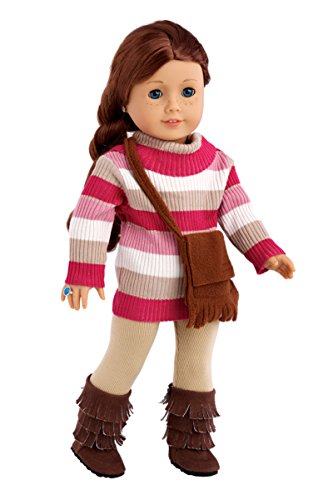 - Fun Loving Girl - 4 Piece Outfit - Colorful Turtle Neck with Beige Stretchy Leggings, Brown Purse and Brown Sherpa Boots - Clothes Fits 18 Inch American Girl Doll (Doll Not Included)