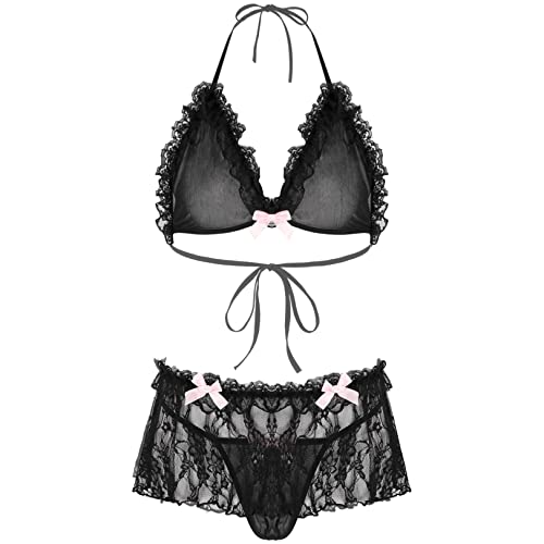 renvena Men's Floral Lace Sissy Lingerie Set Cami Straps Bra Tops Sissy Pouch Panties 2 Piece Crossdresser Nightwear Halter Black 4X-Large