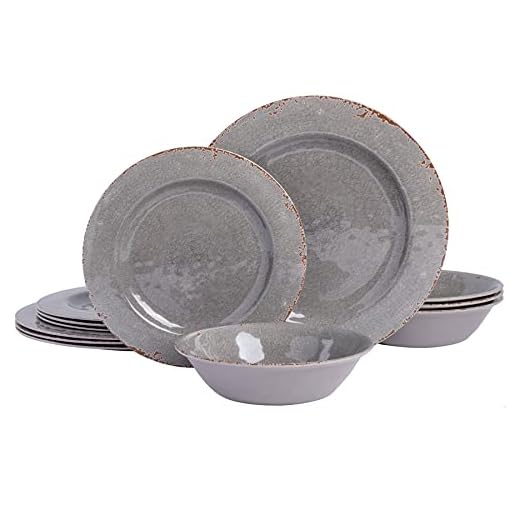 Gibson Studio Mauna 12 Piece Heavy Weight Melamine Dinnerware Set, Grey Rustic