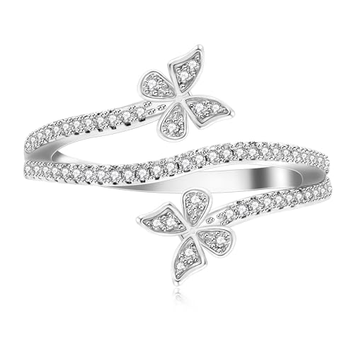 | Silver Butterfly Rings | Cubic Zirconia Butterfly Jewelry | Double Butterfly Ring for Women | Cute Engagement Ring | Silver Color Butterfly Ring | Y4208