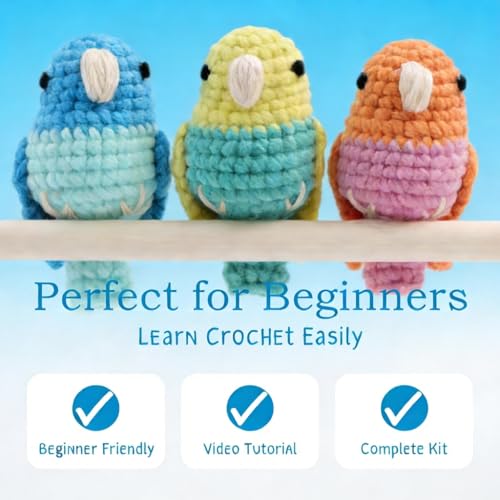 Image of HOUSE CREATIVITY Crochet Kit for Beginners, Make 3 Mini Budgie Birds, Amigurumi Crochet Starter Kit with Step-by-Step Video Tutorial, Yarn, Hook, Eyes & Stuffing, DIY Craft Kit Gift for Adults