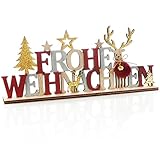 com-four® Deko Aufsteller aus Holz - verzierter Schriftzug auf Holzsockel - Deko-Schriftzug zum Hinstellen für Weihnachten - mit Hirsch, Stern und Tanne (rot + Rentier)