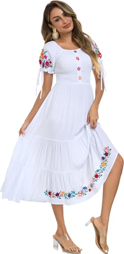 Image of Women's Summer Maxi Dress Casual Floral Embroidered Round Neck Short Sleeve Ruffle Tiered Dress Flowy Boho Beach Sundress
