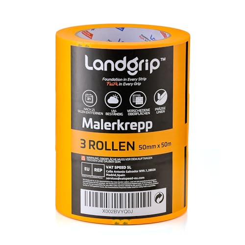 landgrip Maler Abklebeband 3x für Mehrere Oberflächen Hitze- & UV-beständig für Innen, Außen Profi Maler-Goldband Malerband Klebeband Lack-Abdeckband 50 mm x 50m