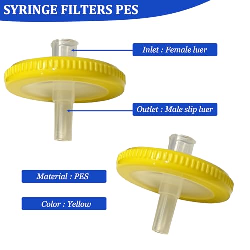Image of 100 Count Syringe Filter, PES Hydrofilic Membrane 25mm Diameter 0.22um Pore Size, Syringe Lab Filters, Non Sterile Filtration (Yellow) (Pack of 4)