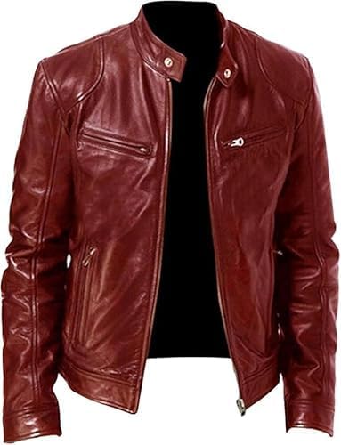 Maiyifu-GJ Men's Faux Leather Jacket Stand Collar Motorcycle Leather Jackets Casual Lightweight Zip Up Biker Coats (Wine Red,3X-Large)