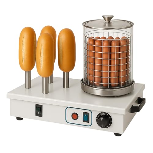 Machine Électrique à Hot-Dogs 4 Broches – 800W – Cylindre Verre Amovible, Thermostat Réglable – Chauffe-Pain et Saucisses – Inox Pro pour Snacks, Food Trucks