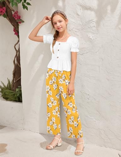 Image of Girls Clothes Solid Color Square Collar Stretch Top and Wide Leg Pants Clothes for Teen Girls 6-14Y