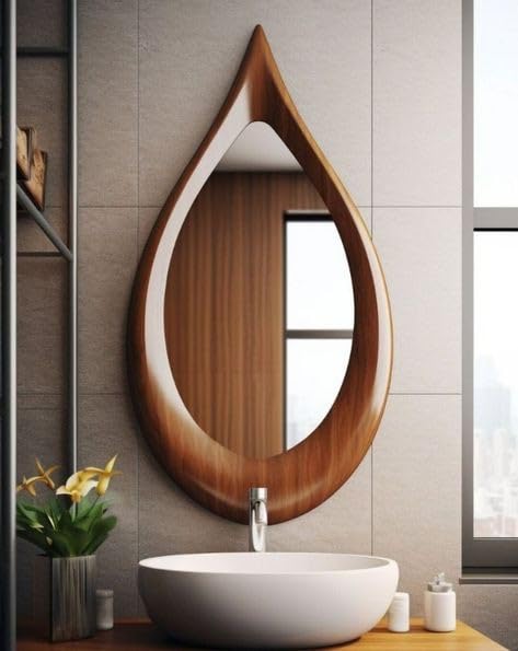 Image of Wooden Teardrop Wall Mirror Frame Engineered Wood Handmade Design (Only Frame Without Mirror) Big Size 30x18 Inches for Bathroom Livingroom Home Decor, Rectangular