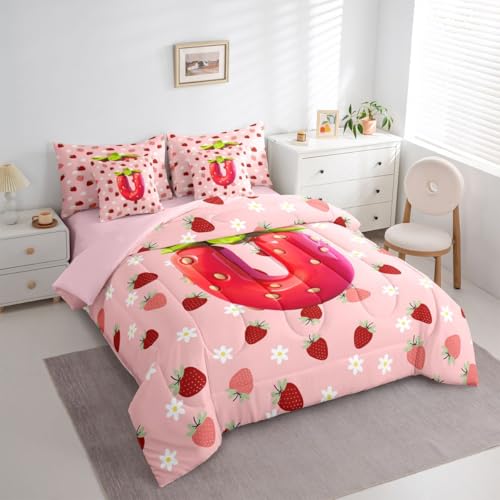 Image of Feelyou Girls Pink Red Strawberry Comforter Set with Sheets 7 Piece Twin Size Initial Letter U Bedding Set for Kids Boys Girls Princess Strawberry Bed in a Bag Room Decor Soft Lightweight Microfiber