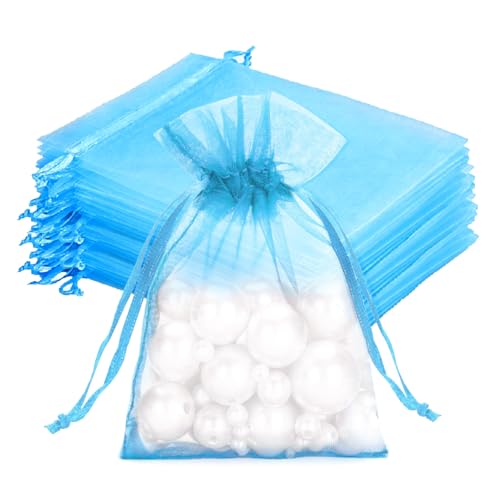 Image of joycraft 50Pcs Lake Blue Organza Bags - 2.7x3.5 In Sheer Drawstring Mesh Pouch, Small Party Favor Organza Pouch for Jewelry, Candy, DIY Craft, Chocolate