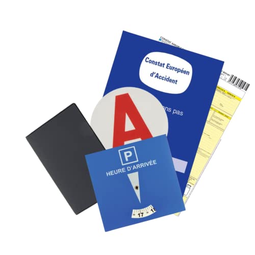 Maelsa® Kit démarrage Jeune conducteur apprentis Disque A électrostatique + Disque Bleu de stationnement + étui Carte Grise + Constat Europeen d'assurance...