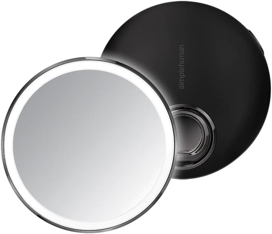 simplehuman Sensor Mirror, Lighted Compact Makeup Magnifying Mirror with Light, Round, Travel Size, Black Stainless Steel