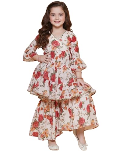 Naixa Girl's Rayon Floral Pattern Kurta Sharara Set with 3/4 Sleeve V- Neck Knee Length and Elastic Closure Type| Kurta Sharara Set for Girl's